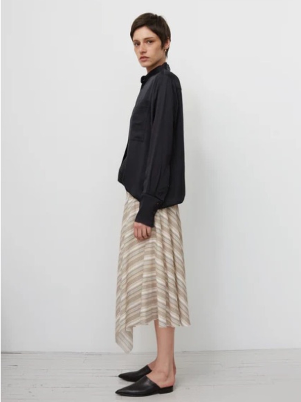 Acne Ilsa Bias Cotton Striped Midi Skirt in Tan, Dark Grey, Cream, Blue Gray